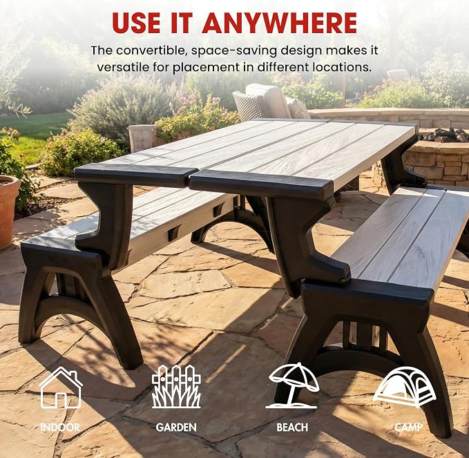 Convert-a-Bench 2-in-1 Outdoor Bench & Picnic Table - Foldable, Weather-Resistant Seating - Perfect for Patio, Lawn, Garden, or Deck - Durable & Easy Assembly - 1 Bench/Order, Midnight Birch