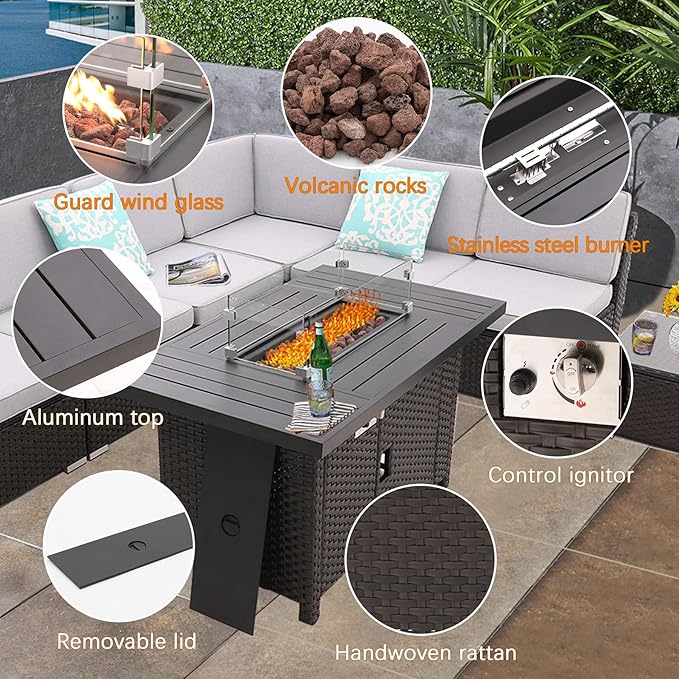 Patio Sofa Set with 46 Inch Propane Firepit Table Coffee Table Outdoor Sectional Set Patio Conversation Set Patio Furniture Sets All Weather with Thick Cushion Rattan Weaving