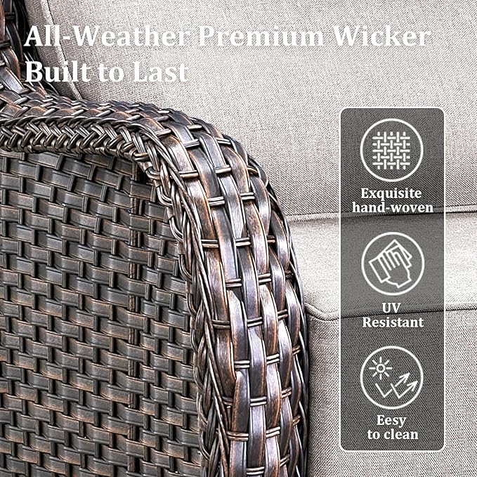 Luxury Patio Furniture Set with 42.5" Fire Pit Table, 6 Pieces High Back All Weather Wicker Outdoor Furniture w/ 6-Inch Thick Cushions, Patio Swivel Chairs Couch for Deck Balcony Backyard Brown/Beige