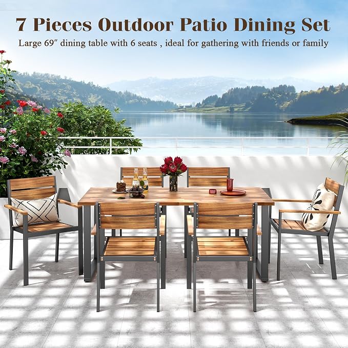 Tangkula 7 Pieces Patented Wood Outdoor Dining Set with Umbrella Hole, Heavy Duty Acacia Armrest Chairs and Rectangle Table Set for 6, Suitable for Deck Lawn Garden Poolside and Backyard