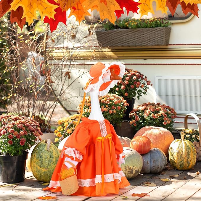Soulchen Fall Porch Goose Outfit Set 23" Cute Lolita Goose Clothes Dress and Hat Costume Set for Fall Patio Yard Lawn Statue Decor