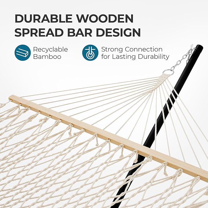 SUPERJARE 12ft Double Hammock with Stand, Soft Rope Hammock for 2 Person, Portable Heavy Duty Stand, Anti-Tip Safety Ropes, Natural Wood Spreader Bar, Outdoor Backyard Patio Camping, Beige