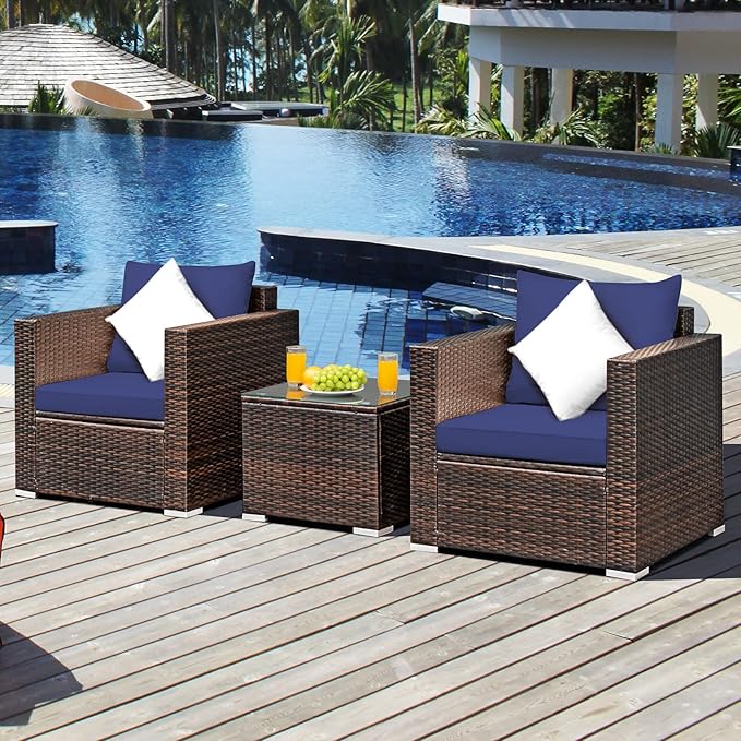 Tangkula 3 Pieces Patio Furniture Set, Outdoor Conversation Rattan Furniture Set w/Washable Cushion and Tempered Glass Tabletop, PE Rattan Wicker Sofa Set for Garden Poolside Balcony