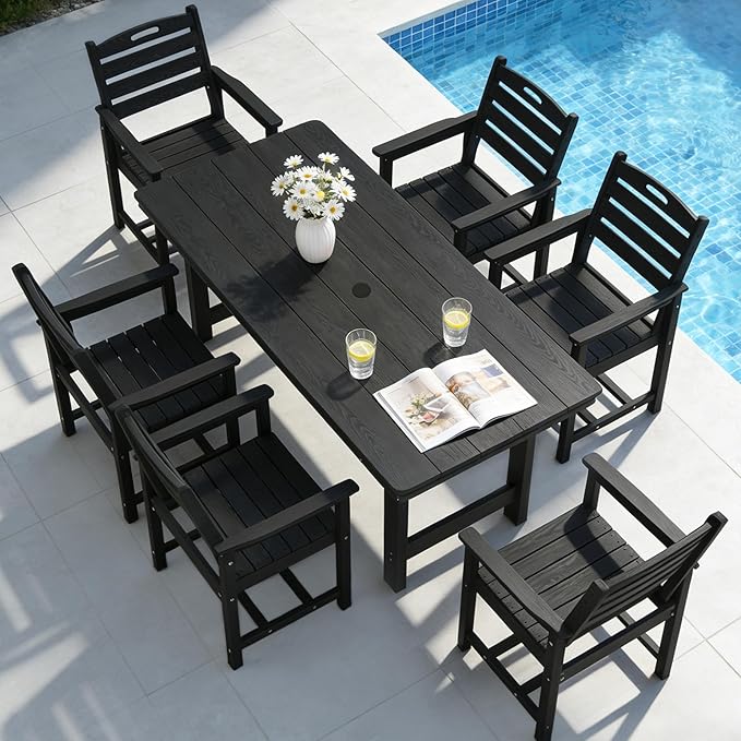 PIZZELLO HDPE Outdoor Dining Set, Patio Table and Chairs Set, All-Weather 7-Piece Outside Table and 6 Chairs, 2" Umbrella Hole, Outdoor Furniture for Garden, Poolside, Backyard, Deck