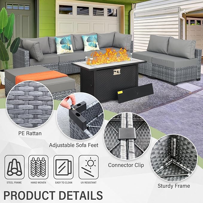 WAROOM Outdoor Patio Furniture Set 9 Pieces Gray Rattan Sectional Sofa PE Wicker Conversation Couch Sets with Propane Fire Pit Table, Anti-Slip Thick Grey Cushion