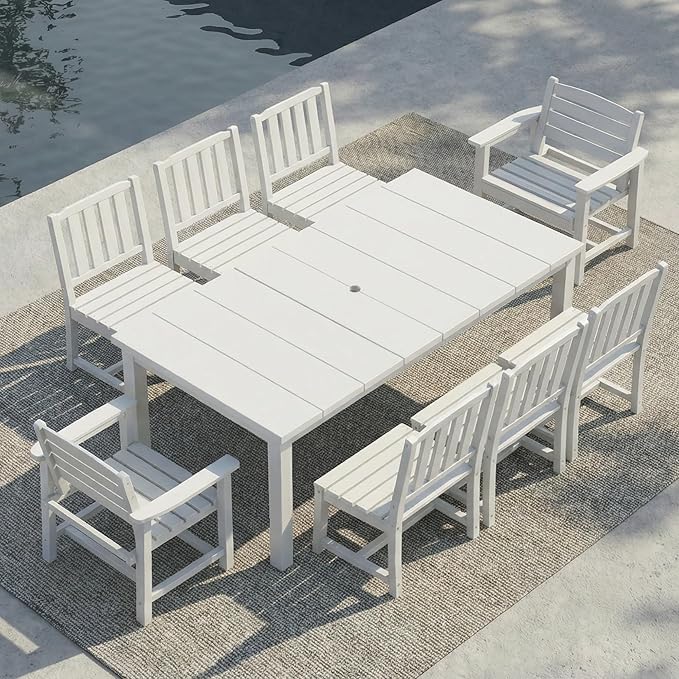 9-Piece Outdoor Dining Set for 8, 75.2" HDPE Table with Umbrella Hole & 8 Chairs, All-Weather Patio Furniture for Lawn, Yard, Deck, or Poolside, Fade & Crack Resistant (White)