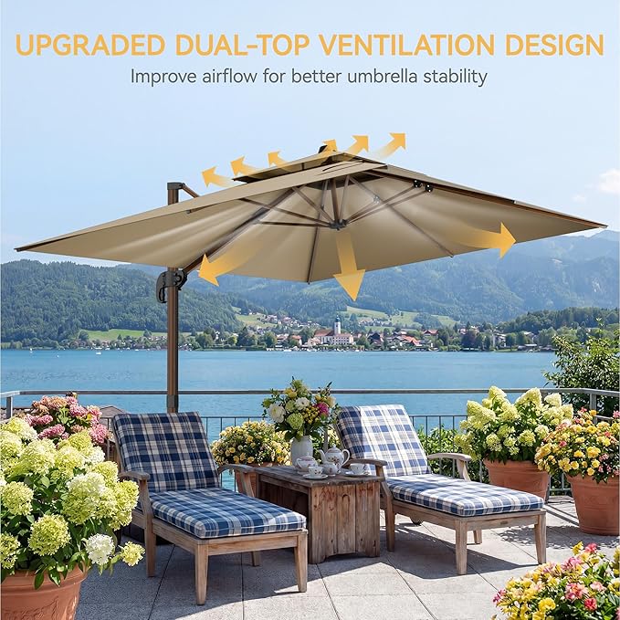 10x13 FT Wood Pattern Patio Umbrella with Base, Large Deluxe Cantilever Rectangular Double Top Heavy Duty Offset Umbrellas with 360° Rotation, Outdoor shade for Garden Pool Patio, Tan