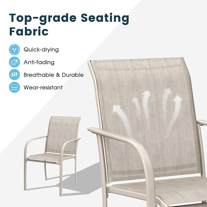 11 Pieces Patio Dining Set, 60" Round Dining Table with Umbrella Hole, 10 Stackable Textilene Fabric Chairs, Metal Structure for Patio, Porch, Garden, Sandshell