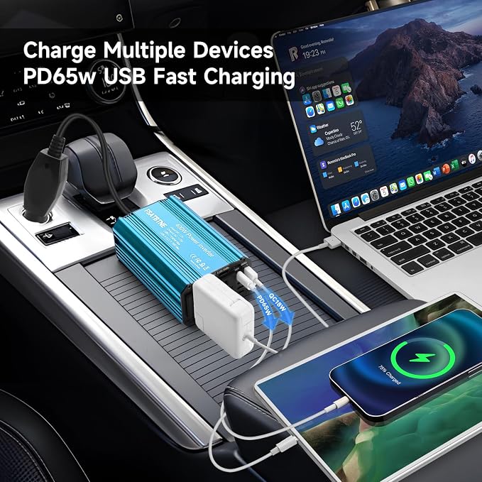 400W Power Inverter, FSATBTNE DC 12V to 110V AC Car Plug Adapter Outlet Converter with [65W PD USB-C] & [18W QC USB-A] Fast Charging Ports and 2 AC Outlets Car Power Inverters for Vehicles