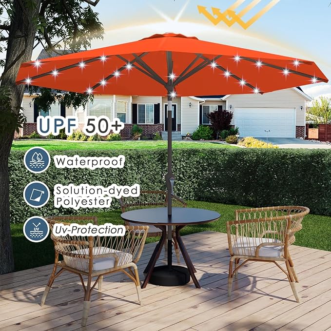 9FT Patio Umbrella with Solar Lights,Outdoor Market Umbrella with Tilt and Crank, LED Lighted Table Umbrella for Garden,Deck,Backyard,Pool,Beach (Orange)