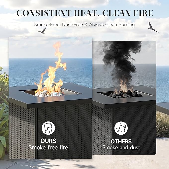 8 Piece Patio Furniture Set with 50000 BTU Fire Pit Table, Wicker Outdoor Patio Conversation Set with Propane Fire Pit, Waterproof Rattan Patio Couch Set for Backyard, Deck & Garden