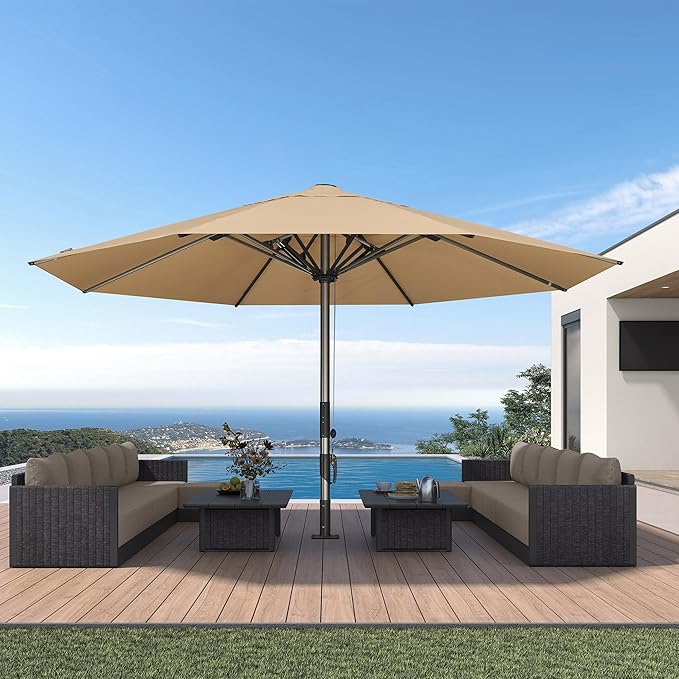 PURPLE LEAF 16 FT Extra Large Commercial Round Patio Umbrella Market Table Sun Heavy-Duty Wind-Resistant Vented Canopy Reinforced Frame Maximum Coverage for Restaurant Hotel Resort Cafe Outdoor Dining Business Use Beige