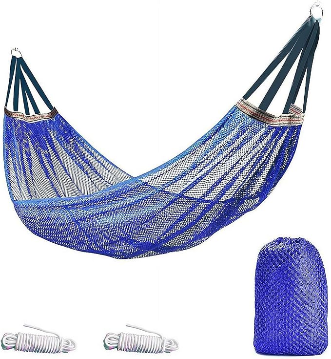 Camping Hammock Nylon Mesh Portable Hanging Bed Outdoor Hammock for Adults 440lbs Capacity, Anti-Roll Breathable Hammocks for Hiking Travel Beach Garden Backpacking(Blue)