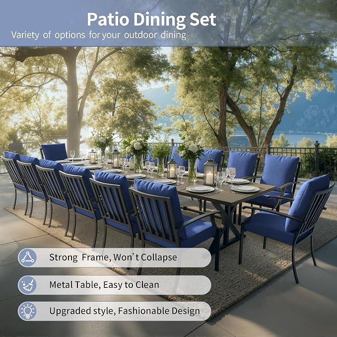 Kullavik 16 Pieces Outdoor Dining Set,Patio Dining Table and Chairs Set for 14,Fence Pattern Back Chairs with Thickened Cushions & X-Frame Metal Dining Table with Umbrella Hole for Patio,Navy Blue