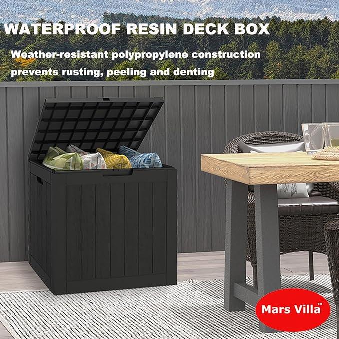 Mars Villa 31 Gallon Deck Box, Outdoor Storage Box Waterproof, Outside Resin Storage Bin for Outdoor Patio Furniture Cushion, Pool Supply, Garden Tool, UV-Resistant and Weatherproof, Black