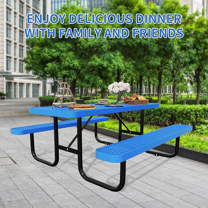 Picnic Tables for Outdoors,Commercial Metal Picnic Table Bench Set with Umbrella Hole,School Canteen Tables W/Seats - Heavy Duty Sturdy Picnic Tables Furniture for Patio Garden (Blue, 6FT)
