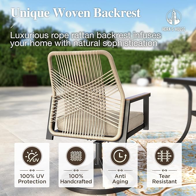 HERA'S HOUSE 9pc Patio Dining Set, 57.5" Metal Table & Swivel Rattan Chairs | Square table with umbrella hole, 8 cushioned chairs. Waterproof, rust-resistant, all-weather for backyard, porch.