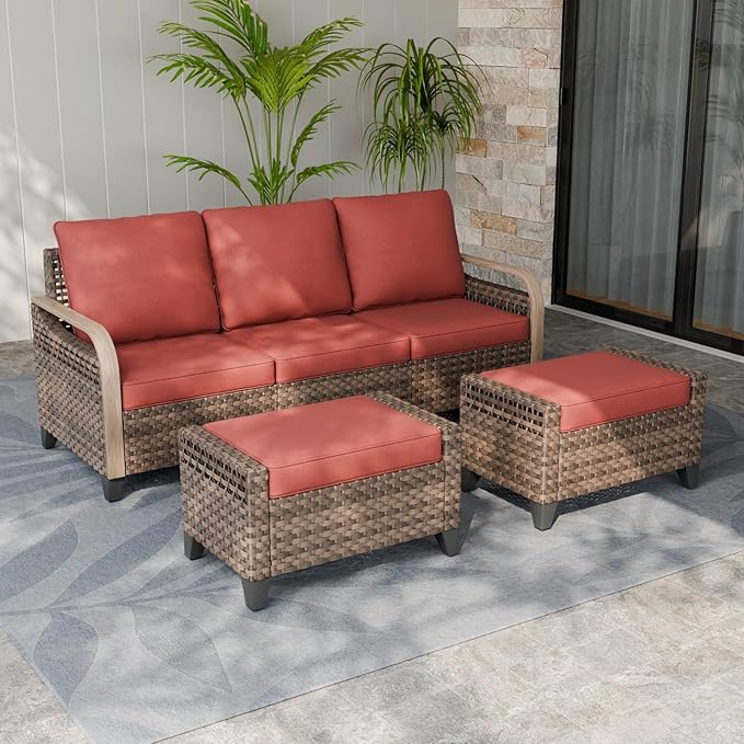 EAGLE PEAK Modern Wicker Outdoor Patio Furniture Set, Patio Conversation Set, a 3-Seat Loveseat and 2 Ottomans, 3 Pieces, Brown/Red