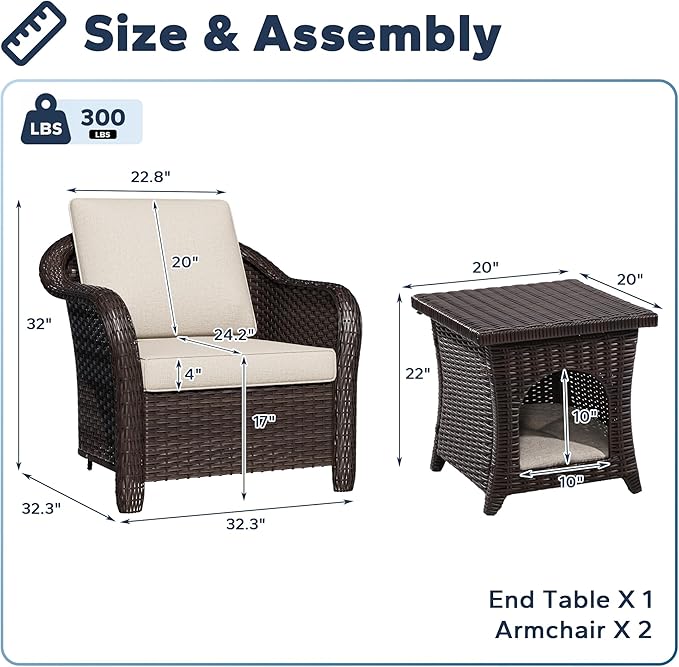 Patio PE Rattan Chairs Set of 2 with Cat Nest End Table, All-Weather & Steel Frame Outdoor Conversation Furniture Set with Washable Cushions for Garden, Bistro, Deck, Yard (Beige)