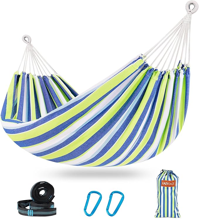Lazy Daze Hammocks Extra Large Double Hammock, Portable Camping Hammock with Travel Bag & Tree Straps for Outdoor, Camping, Backyard, Patio, 550lbs Capacity, Blue & Light Green