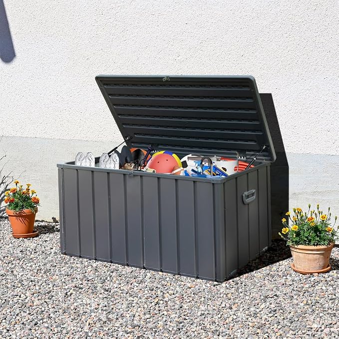 Large 120-Gallon Waterproof Outdoor Storage Box for Patio, Deck, or Poolside – Durable Weather-Resistant Design with Lockable Lid (120 Gallon W/Resin Lid (Dark Gray))