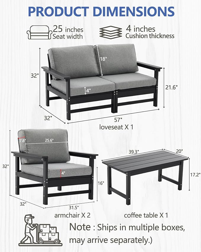 HDPE Outdoor Patio Furniture Set, 5-Piece Sofa Set with Loveseat Couch, 2 Armchairs & Coffee Table, Weatherproof Conversation Set with Cushions, All-Weather Waterproof, for Garden, Porch & Backyard