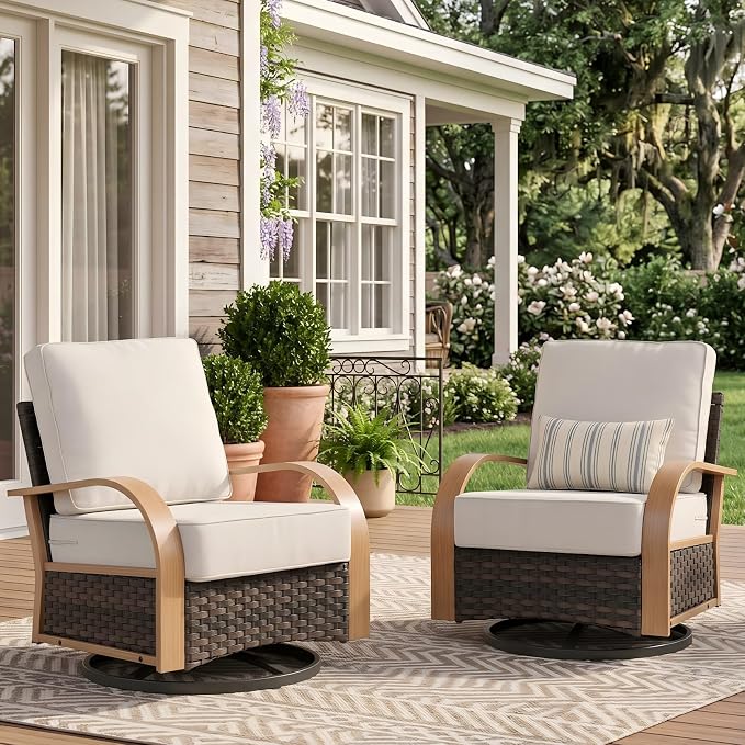 Belord Outdoor Swivel Chairs Set of 2, Wicker Rocking Chair with 6-Inch Thick Cushions, All Weather Rattan Rocker Patio Chair, Patio Furniture Set for Balcony Porch Deck Yard, Wood & Beige