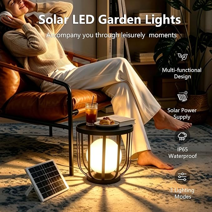 Solar LED Outdoor Side Table 2-Pack, Built-in Glowing Sphere, Remote Control & Detachable Solar Panel,Waterproof Rustproof Metal Floor Lamp for Patio Garden Balcony