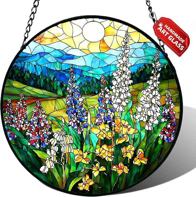 Wildflowers Stained Glass Suncatcher Window Hanging Gifts for Women Men | 6.3in Garden Sun Catcher, Plant Scenery Flower Sunrise Ornament for Door Home, Gift for Mom Grandma & Mother's Day Christmas