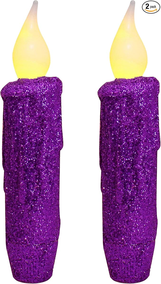 CVHOMEDECO. Glitter Flameless Candles Flickering Battery Operated LED Taper Candles with Timer for Home, Wedding, Halloween, Christmas Decor. Purple, 4-3/4 Inch, Set of 2