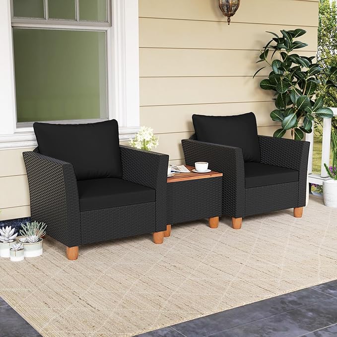 Tangkula 3 Pieces Patio Porch Furniture Set, PE Rattan Wicker Chair Conversation Set with Cushions and Storage Table, Outdoor Acacia Wood Bistro Set for Garden, Poolside (Black)
