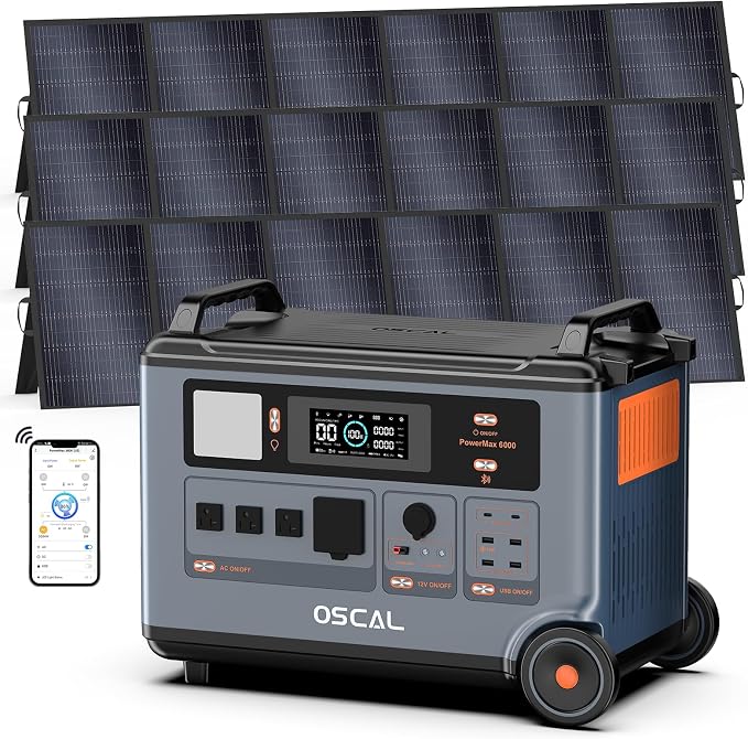 Powermax 6000W(9000W Peak) Portable Solar Power Station, 3600Wh LiFePO4 Battery with 3x500W Solar Panels, 1.6H Fast 2400W Solar Charging Generator for Camping, RV, Home Backup, Emergency