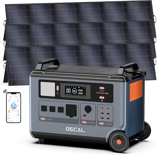 Powermax 6000W(9000W Peak) Portable Solar Power Station, 3600Wh LiFePO4 Battery with 3x500W Solar Panels, 1.6H Fast 2400W Solar Charging Generator for Camping, RV, Home Backup, Emergency