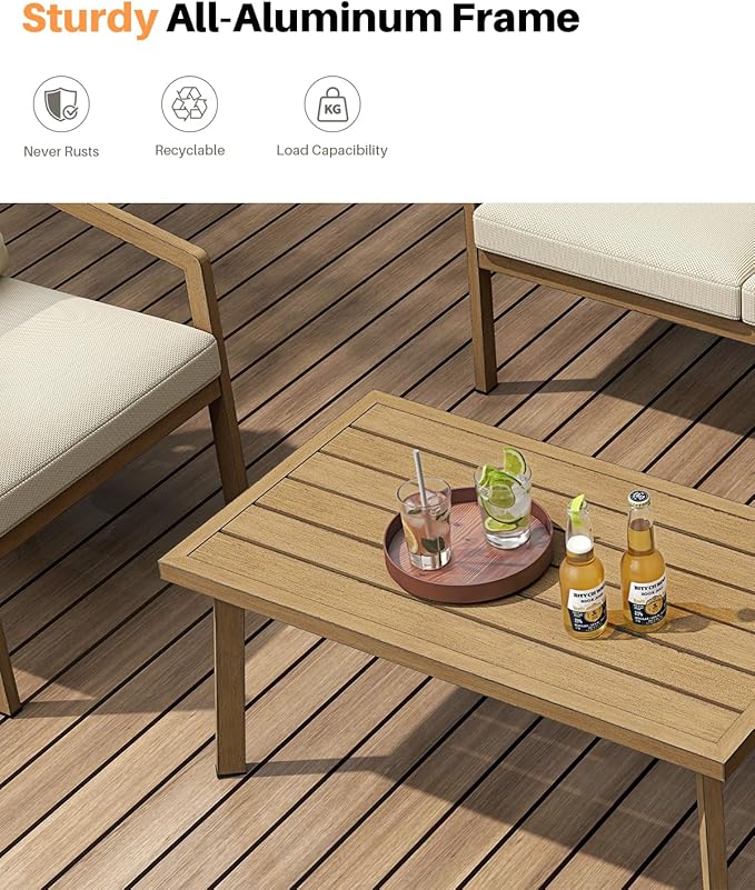 4 Pieces Outdoor Sofa Set, Never-Rust Aluminum Patio Conversation Set with Removable Cushions, Patio Furniture Set with Patio Loveseat, 2 Sofa Armchairs and Coffee Table for Pool, Deck, Teak