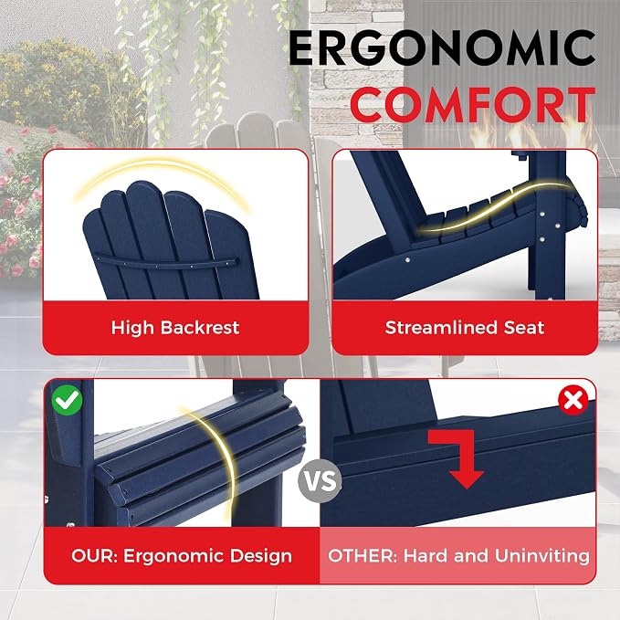 Costaelm Lakeview 2-Piece Outdoor Patio HDPE Adirondack Chair with Ottoman and Cup Holder Set, Navy Blue