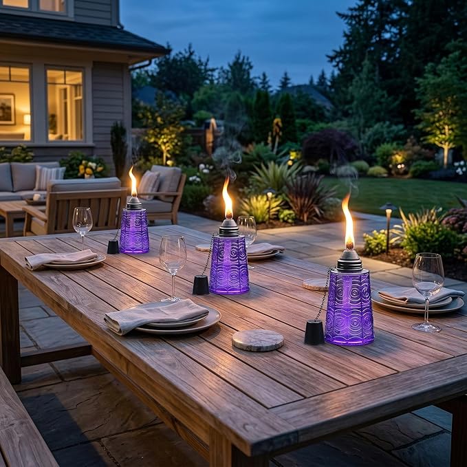 Seraphic Citronella Table Top Torches for Outdoor Patio, 16oz Decorative Glass Torch Citronella Candles for Outside Deck, Garden, Parties, Set of 3, Purple