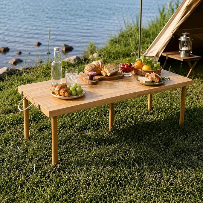 Folding Wooden Picnic Table, All-in-One Storage Box Design Portable Solid Wood Low Profile Table for Indoor Home, Outdoor Camping, Beach and Patio