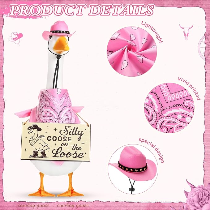 Funny Porch Goose Outfit Decoration Set Silly Goose on The Loose Hangings Sign Cowboy with Outfit Cowboy Hat Bandana for 23" Cement/Plastic Outdoor Statue Patio Yard Lawn Art(Pink)