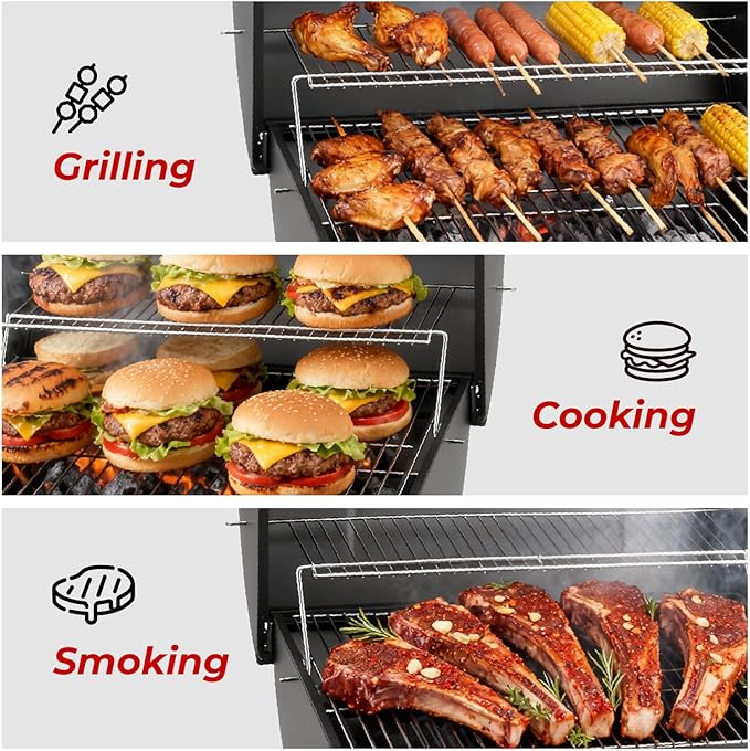 VINGLI Upgraded Barrel Charcoal Grill with 2 Sides Table, BBQ Grill Outdoor Smoker with Wheels for Party Garden Patio and Backyard Cooking 39''D × 24''W × 46''H (Upgraded Grill w/Side Table)