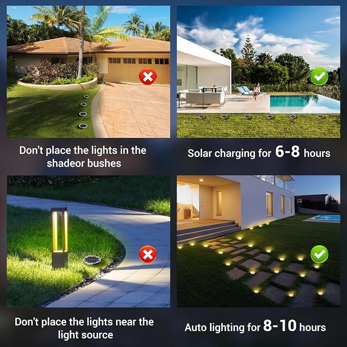 Solar Ground Lights Outdoor, 6 Pack Flat Solar Powered Disc Lights, IP68 Waterproof, Anti-Rust, Landscape Lighting for Pathway Garden Yard Lawn Walkway Landscape Driveway, Mini, Warm White