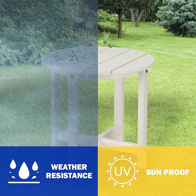 18" HDPE Adirondack Weather Resistant Square Side Table for Patio, Backyard, Pool, Indoor, Beach Use, Easy Maintenance (Round, White)