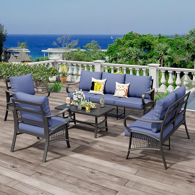 5 Piece Patio Furniture Set, 7 Seat Metal Outdoor Sectional Sofa Set with Thick Cushions, All Weather Patio Conversation Set with Coffee Table for Garden, Porch, Lawn, Blue