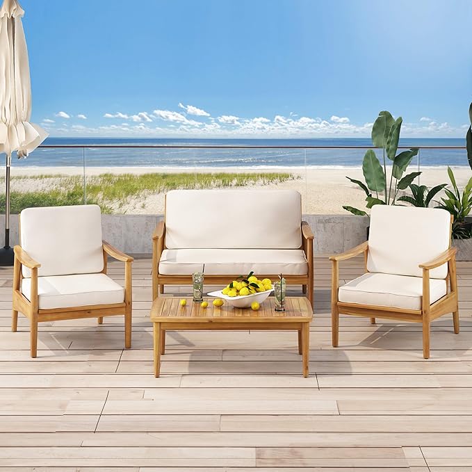 Christopher Knight Home Felix Outdoor Acacia Wood 4 Seater Chat Set with Coffee Table, Teak Finish, Beige