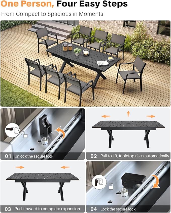 9-Piece Expandable Patio Dining Set, Never-Rust Aluminum Outdoor Dining Table Set for 8, Expandable Dining Table and Stackable Patio Chairs for Deck, Backyard, Garden, Indoor, Black