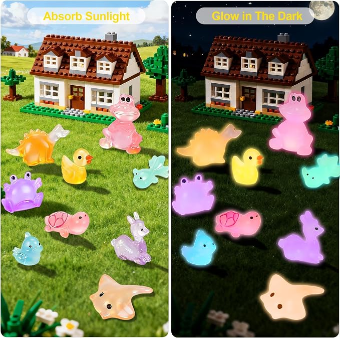QUMMFA 100 Pcs Mini Resin Animals Glow in The Dark Tiny Ducks to Hide, Luminous Small Animal Figurines Bulk for Aquarium Decorations, Various Animals with a Storage Box, Fairy Garden Accessories