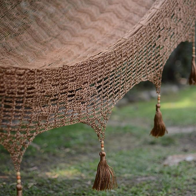 NOVICA Copper Brown Hand Woven Nylon Mayan 2 Person XL Rope Hammock with Crochet Fringe, 'Copper Filigree' (Double)