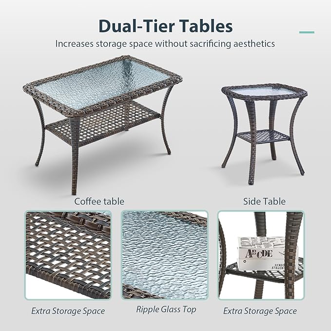 5 Piece Patio Furniture Set - Wicker Patio Conversation Set with Swivel Glider, 3 Seat Sofa, Tempered Glass Side Table and Coffee Table for Deck Backyard - Brown Wicker Blue Cushion