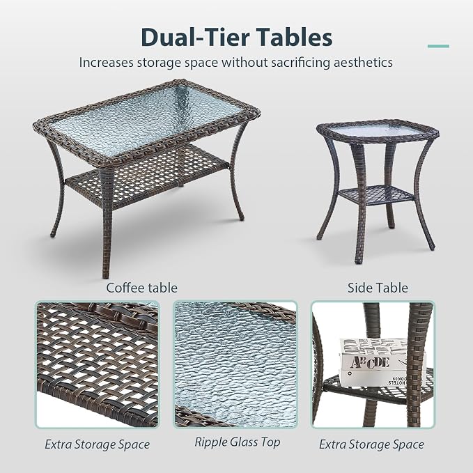 7 Piece Patio Furniture Set - Wicker Patio Conversation Set with Swivel Glider, 3 Seat Sofa, 2 Ottomans, Glass Side Table and Coffee Table for Deck Backyard - Brown Wicker Beige Cushion