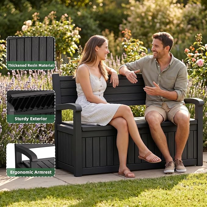 80Gal Resin Outdoor Deck Storage Bench, Lockable Waterproof UV Protected Patio Box, Weatherproof Porch Pool Garden Furniture for Yard Tools & Seat Cushions, Black