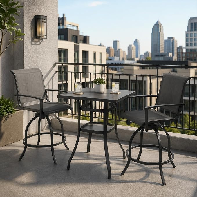 Kozyard 3-Piece Patio Bar Set with 2 Swivel Bar Chairs, Counter Height Outdoor Bistro Table Set with Marble-Look Tabletop & Storage Shelves, All-Weather Patio Furniture for Balcony, Backyard, Poolside